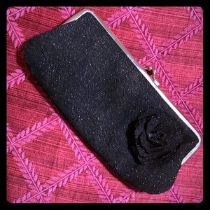 EUC Old Navy blk sparkly clutch w/flower accent